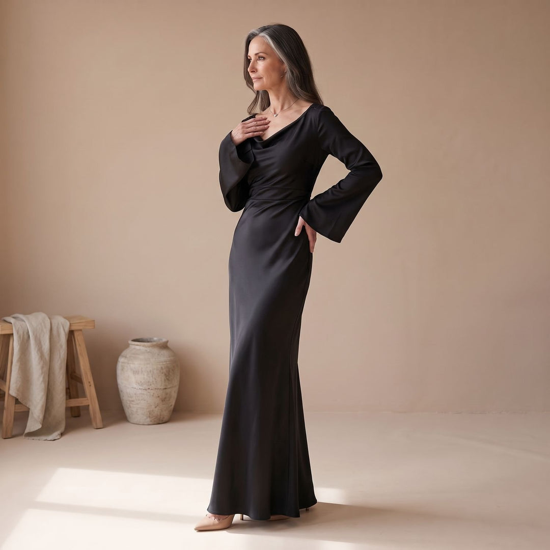 Women's Satin Long Sleeve Maxi Dress Flowy Mermaid Gown