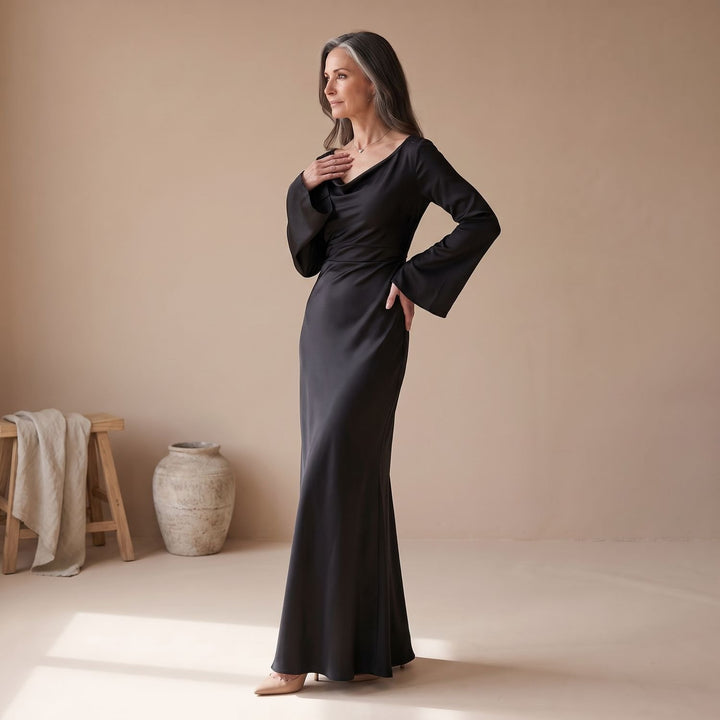 Women's Satin Long Sleeve Maxi Dress Flowy Mermaid Gown