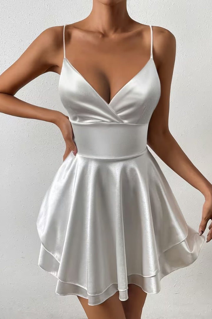 Women's Satin V-Neck Open-Back Mini Cocktail Dress - White