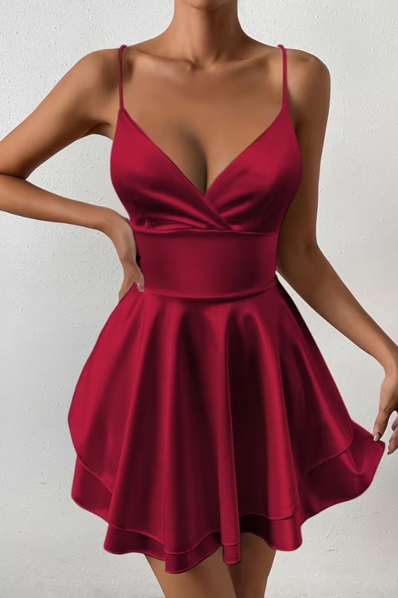 Women's Satin V-Neck Open-Back Mini Cocktail Dress - Burgundy Red