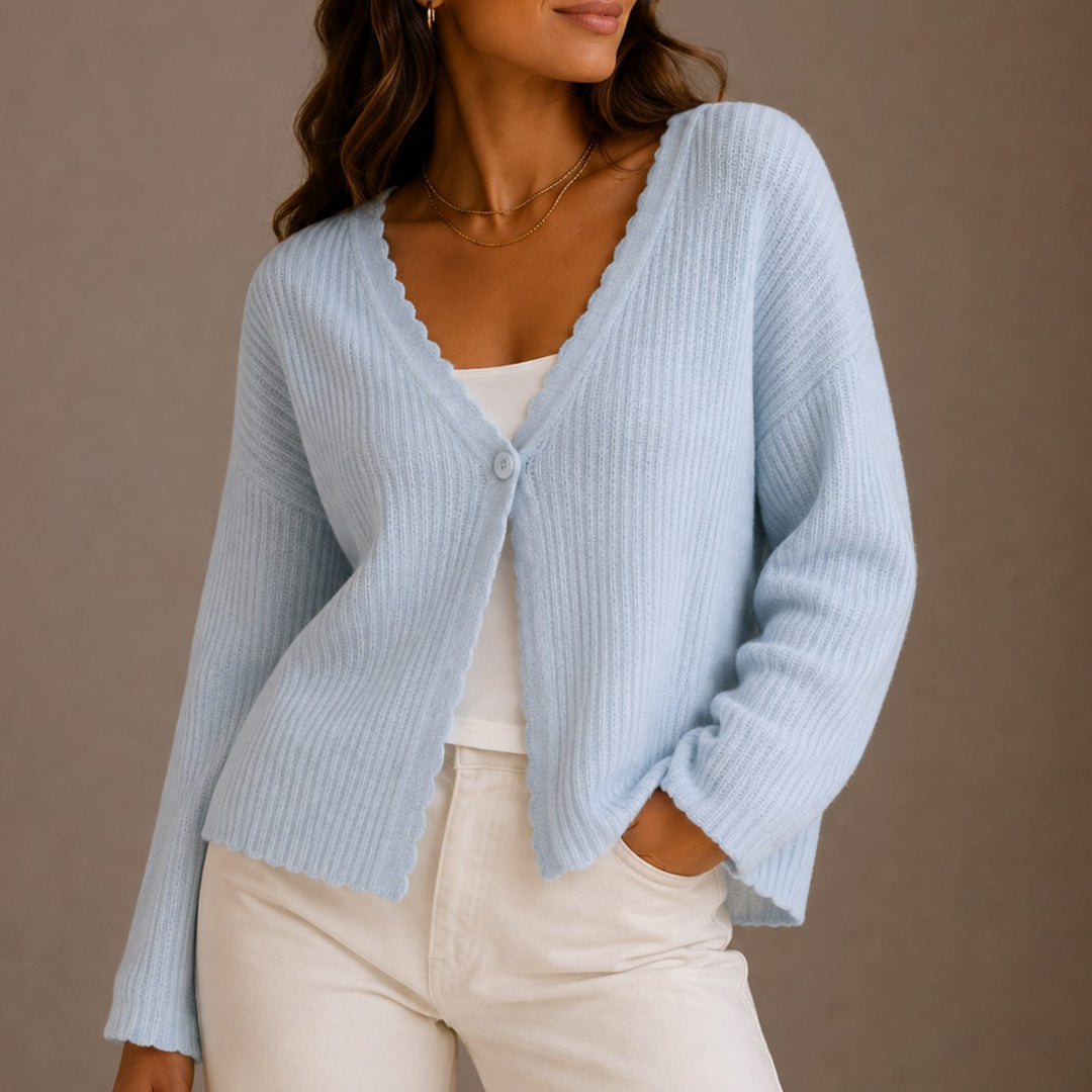 Women's Scallop-Trim V-Neck Single-Button Knit Cardigan - Blue