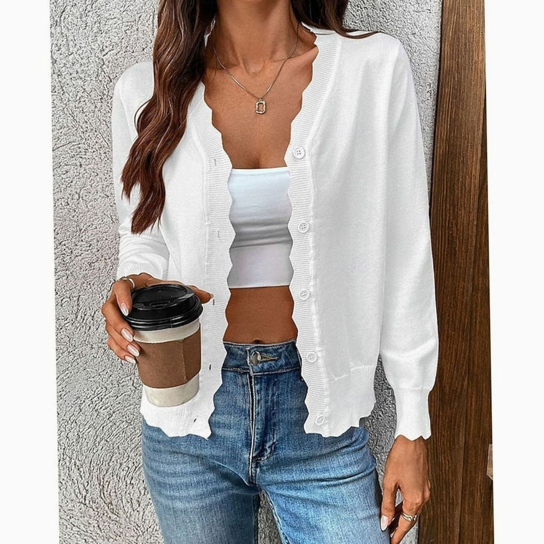 Women's Scalloped-Edge Button-Front V-Neck Knit Cardigan - White