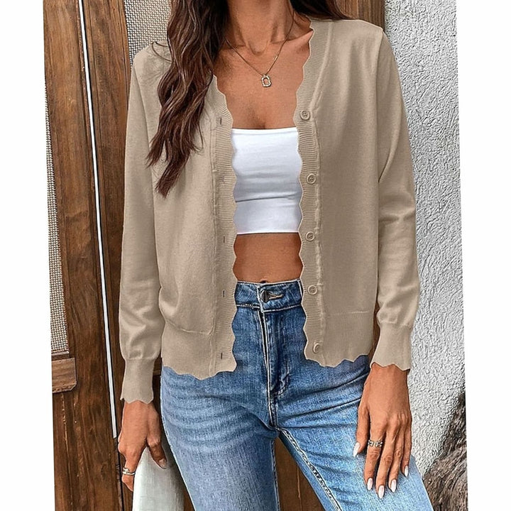 Women's Scalloped-Edge Button-Front V-Neck Knit Cardigan - Khaki