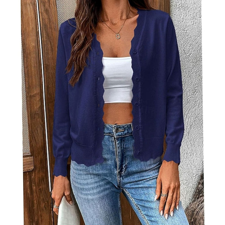 Women's Scalloped-Edge Button-Front V-Neck Knit Cardigan - Navy Blue
