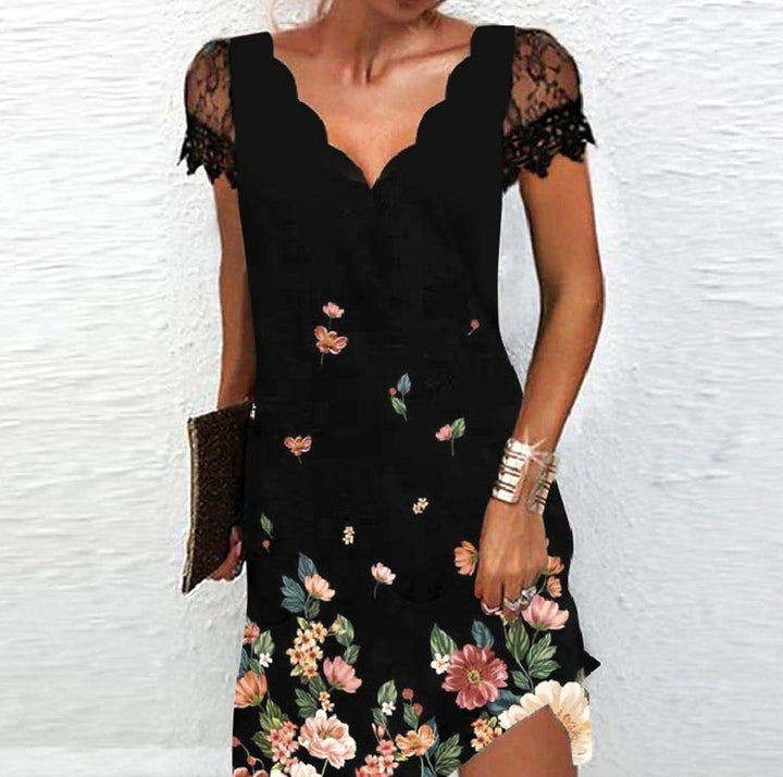 Women's Scalloped V-Neck Lace Sleeve Mini Dress - Floral