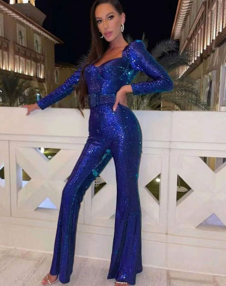 Women's Sequin Belted Wide-Leg Long-Sleeve Evening Jumpsuit - Blue