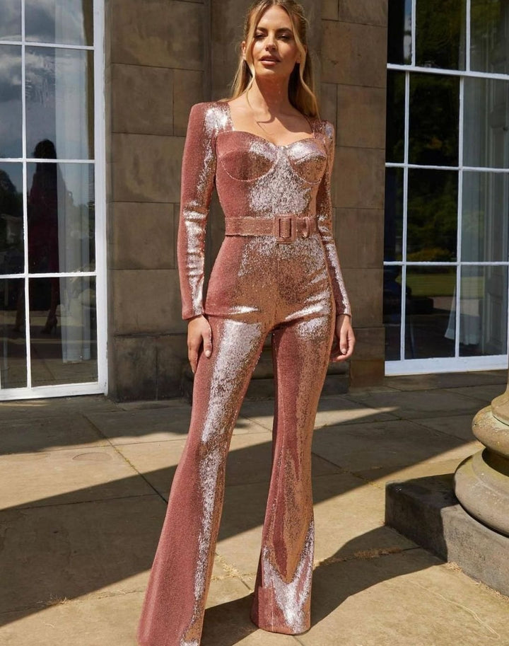 Women's Sequin Belted Wide-Leg Long-Sleeve Evening Jumpsuit - Light Pink