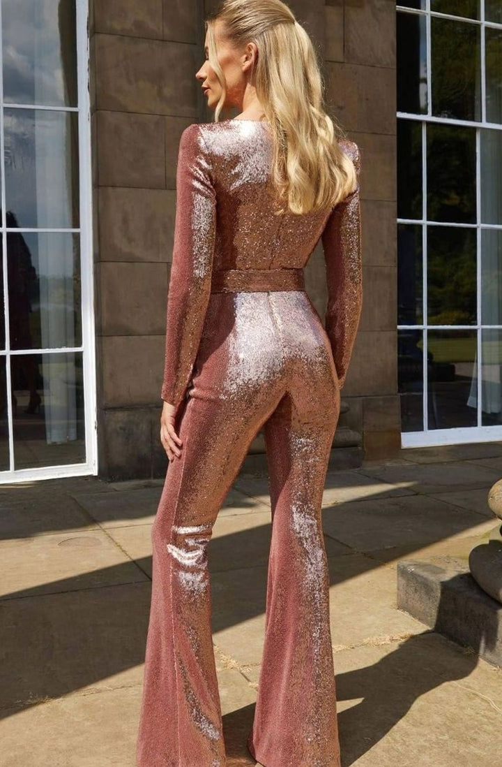 Women's Sequin Belted Wide-Leg Long-Sleeve Evening Jumpsuit