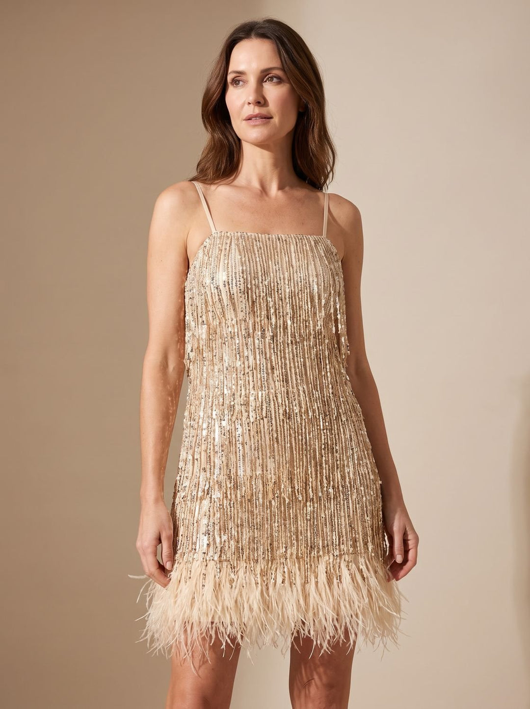 Women's Sequin Feather-Trim Spaghetti-Strap Mini Dress