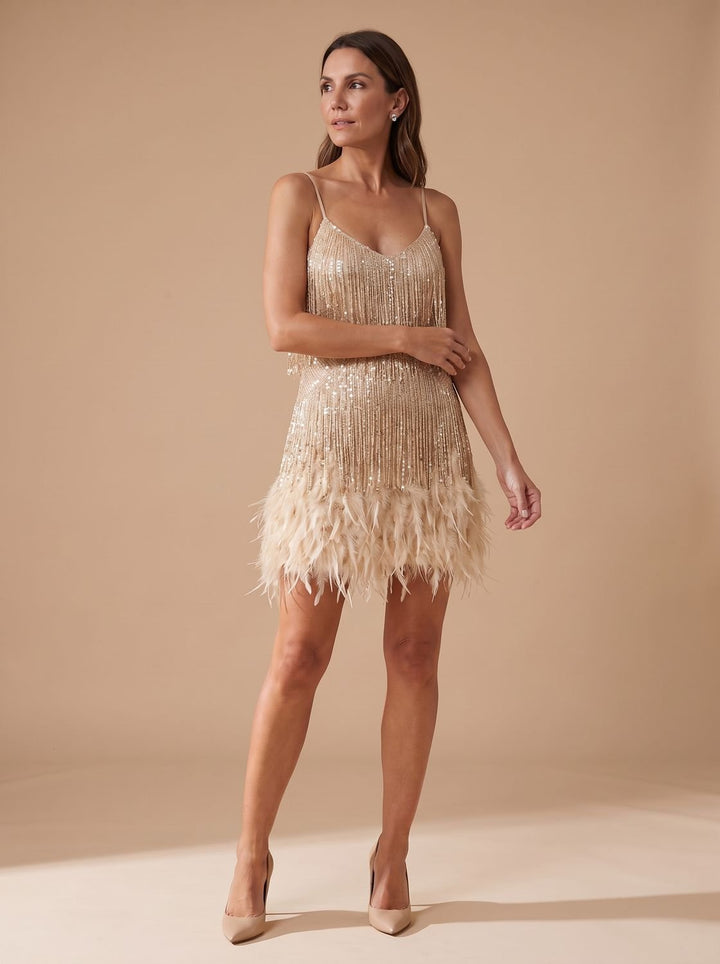 Women's Sequin Feather-Trim Spaghetti-Strap Mini Dress