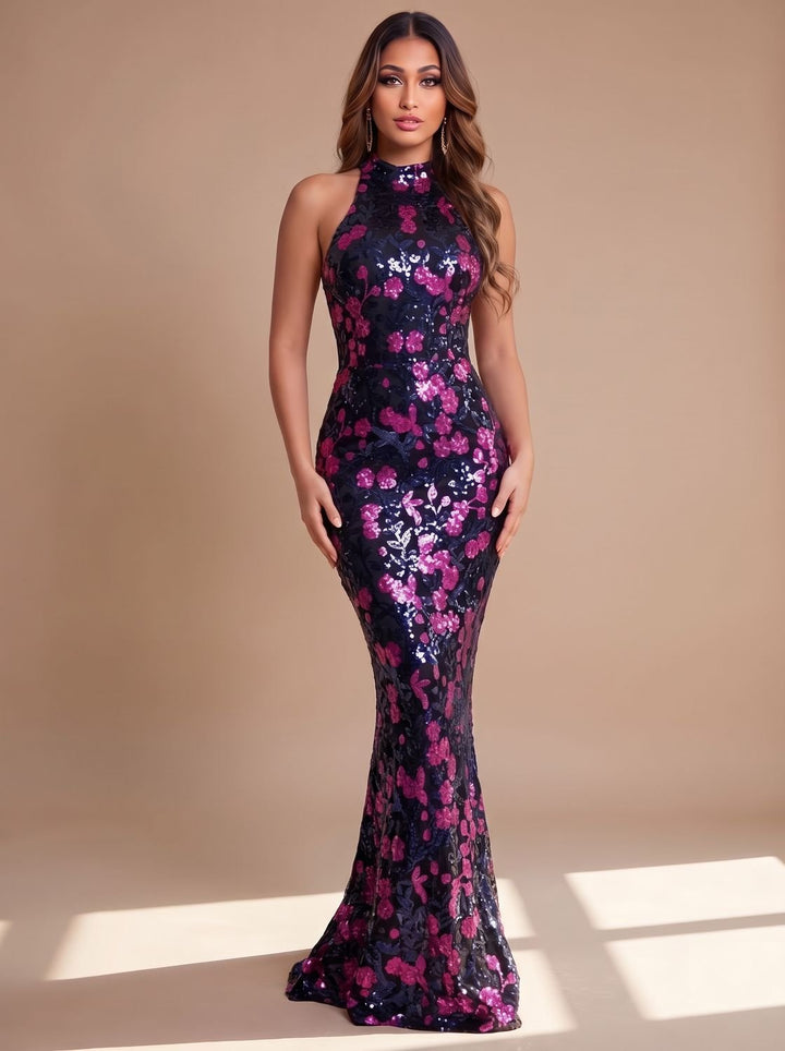 Women's Sequin Floral Christmas Party Dress Sleeveless Mock-Neck Maxi Gown