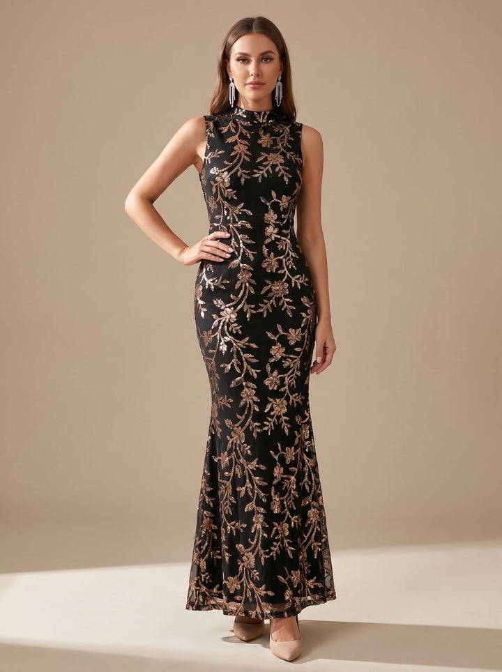 Women's Sequin Floral Christmas Party Dress Sleeveless Mock-Neck Maxi Gown - Gold