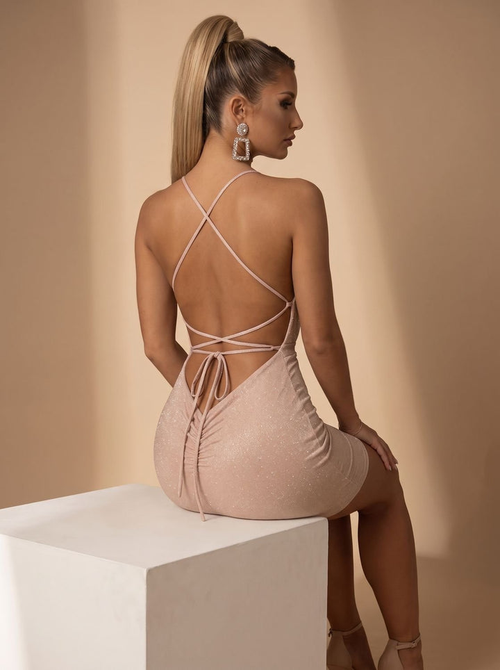 Women's Sequin Halter Deep V-Neck Backless Bodycon Mini Dress