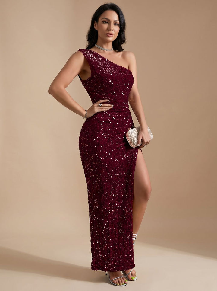 Women's Sequin One-Shoulder Maxi Christmas Party Dress High Slit - Burgundy