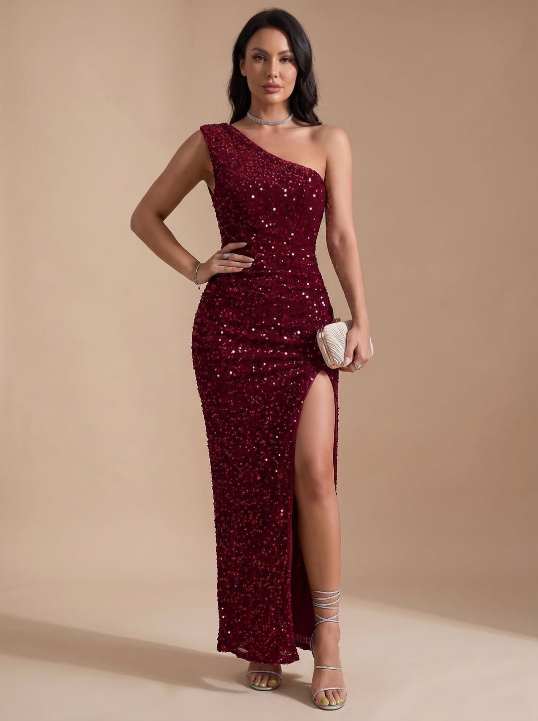 Women's Sequin One-Shoulder Maxi Christmas Party Dress High Slit - Red
