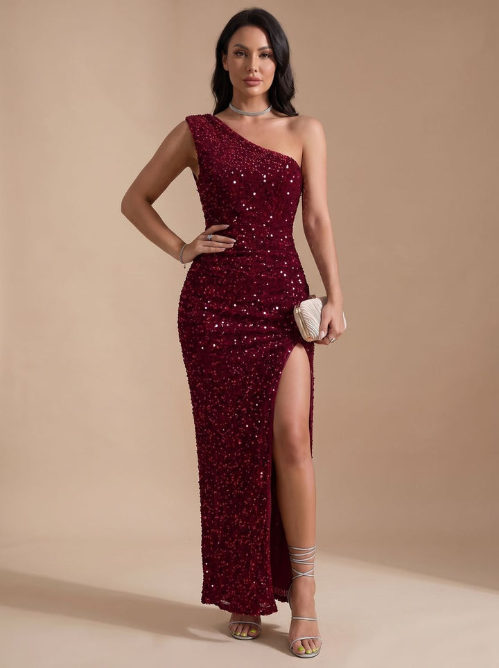 Women's Sequin One-Shoulder Maxi Christmas Party Dress High Slit - Red