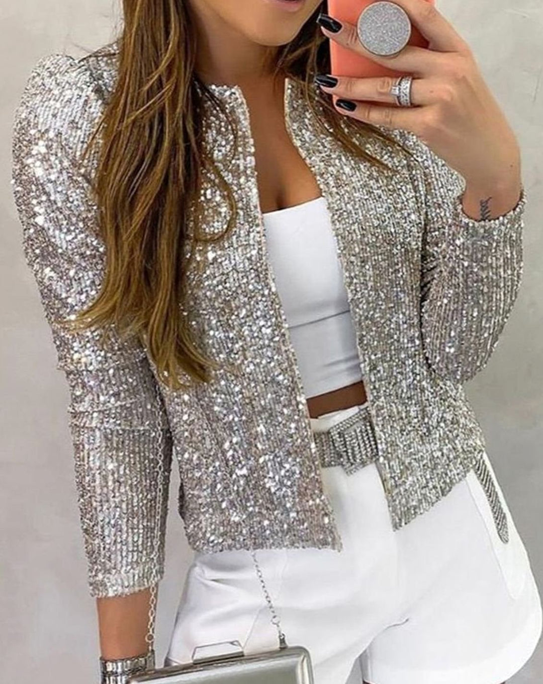 Women's Sequin Open-Front Glam Party Jacket - Silver