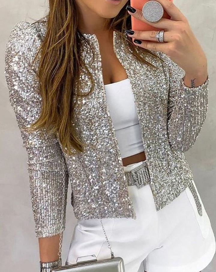 Women's Sequin Open-Front Glam Party Jacket - Silver