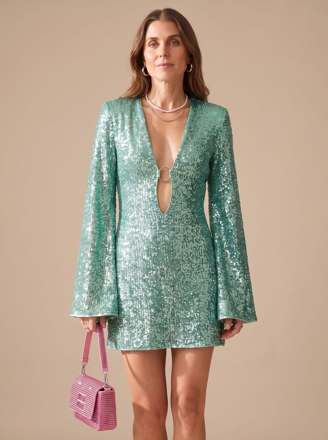 Women's Sequin Plunge-Neck Flared-Sleeve Christmas Party Mini Dress