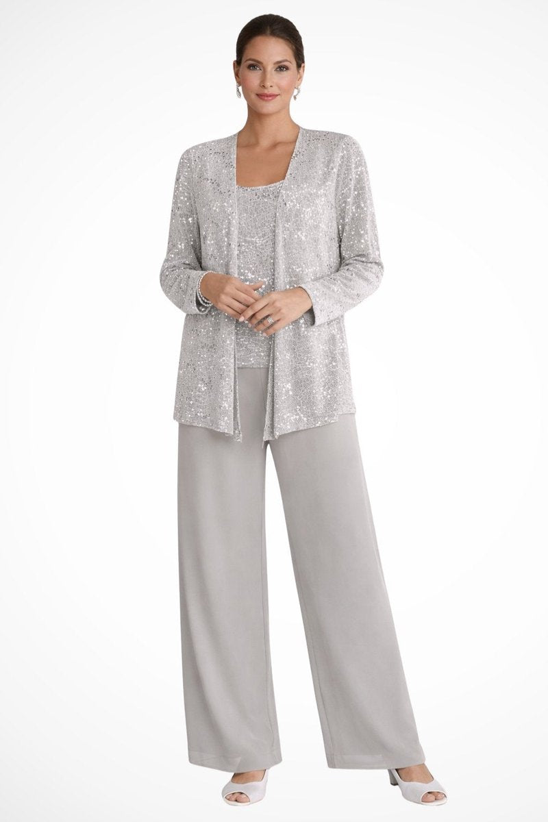 Women's Sequined Three-Piece Wide Leg Pants Formal Occasion Set - Silver