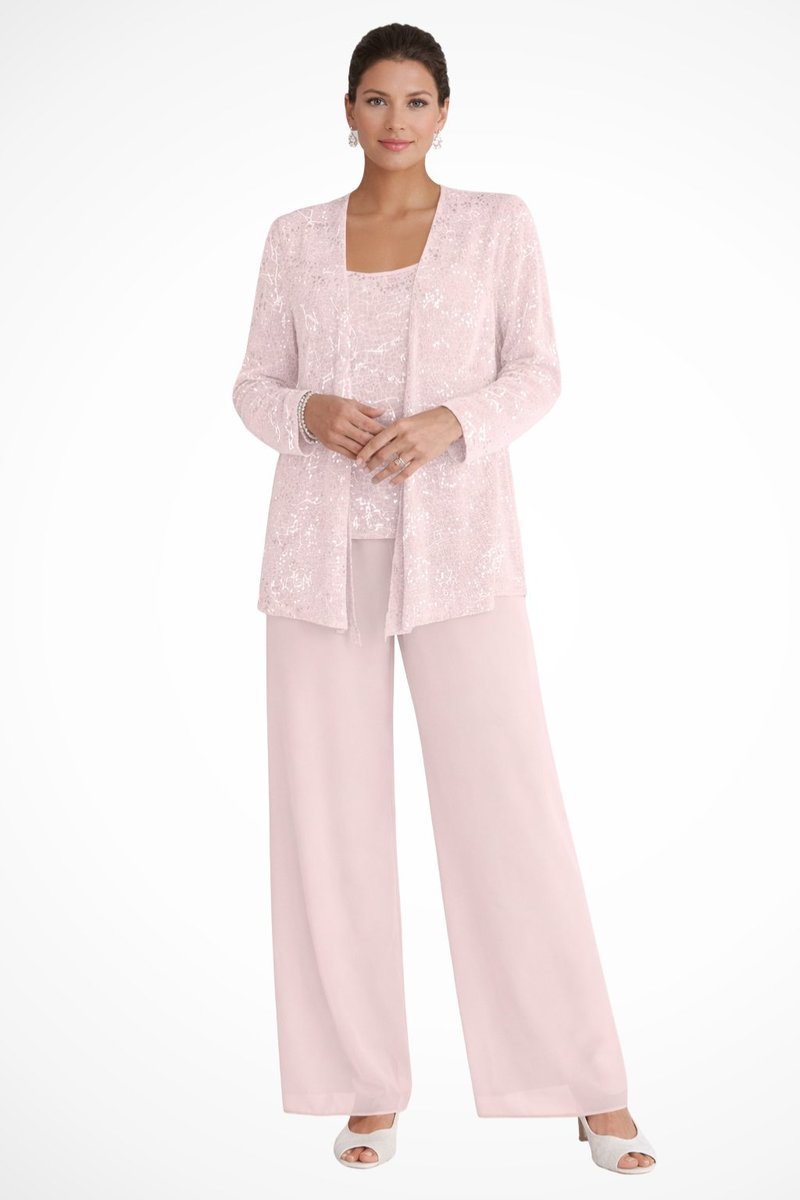 Women's Sequined Three-Piece Wide Leg Pants Formal Occasion Set - Light Pink