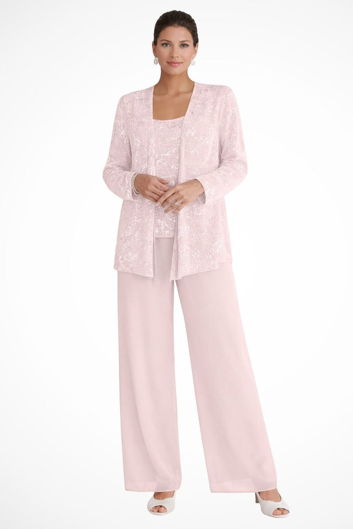 Women's Sequined Three-Piece Wide Leg Pants Formal Occasion Set - Light Pink