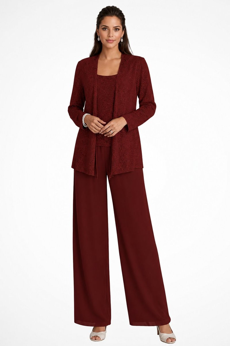 Women's Sequined Three-Piece Wide Leg Pants Formal Occasion Set - Burgundy