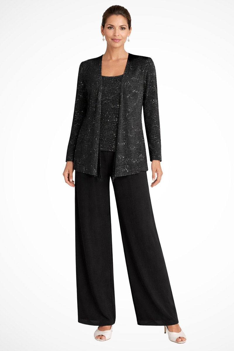 Women's Sequined Three-Piece Wide Leg Pants Formal Occasion Set - Black