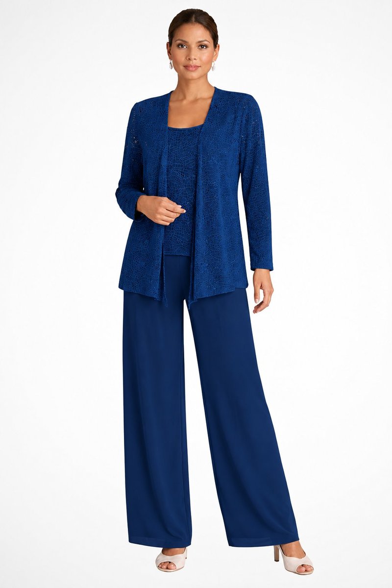 Women's Sequined Three-Piece Wide Leg Pants Formal Occasion Set - Navy Blue