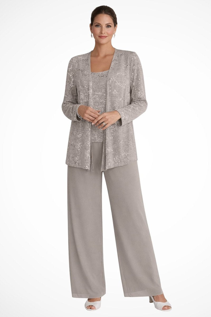 Women's Sequined Three-Piece Wide Leg Pants Formal Occasion Set - Beige