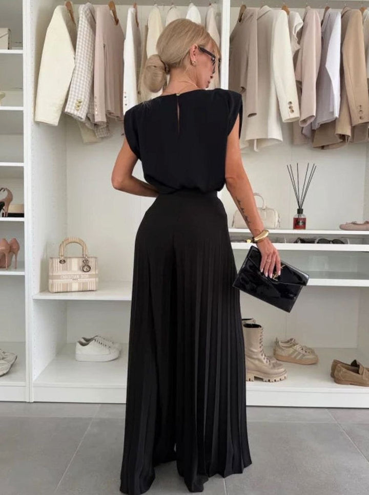 Women's Set Sleeveless Padded-Shoulder Top Pleated Wide-Leg Pants