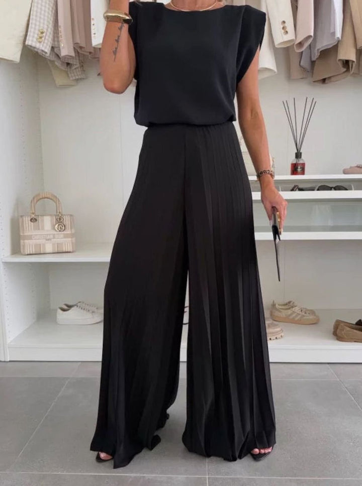 Women's Set Sleeveless Padded-Shoulder Top Pleated Wide-Leg Pants