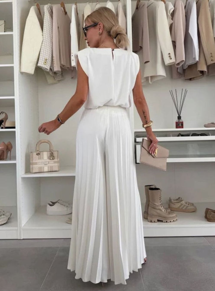 Women's Set Sleeveless Padded-Shoulder Top Pleated Wide-Leg Pants
