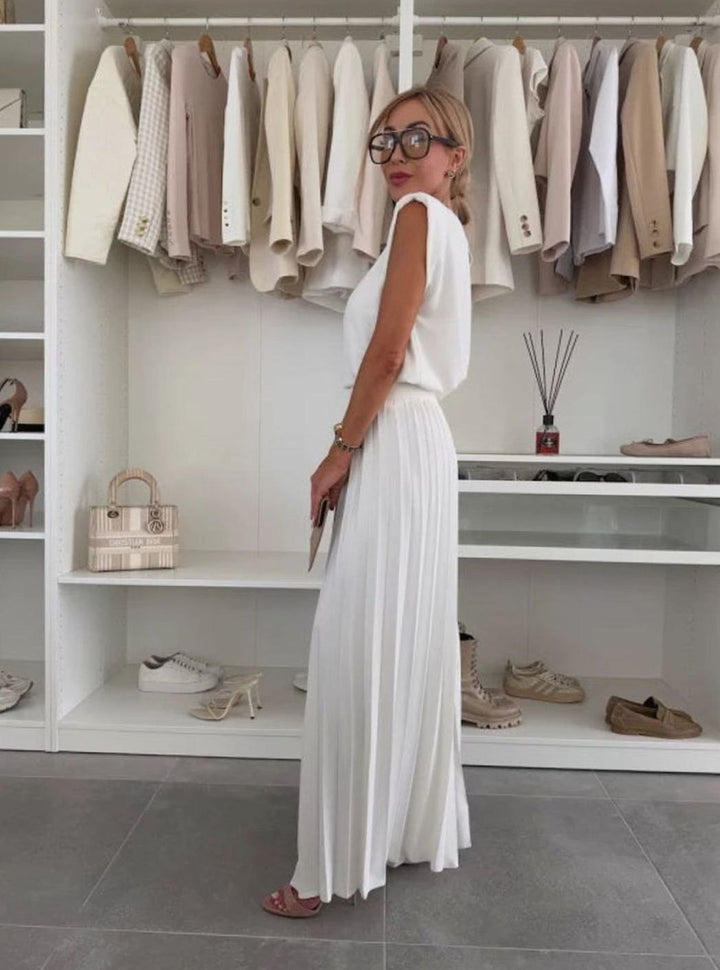 Women's Set Sleeveless Padded-Shoulder Top Pleated Wide-Leg Pants