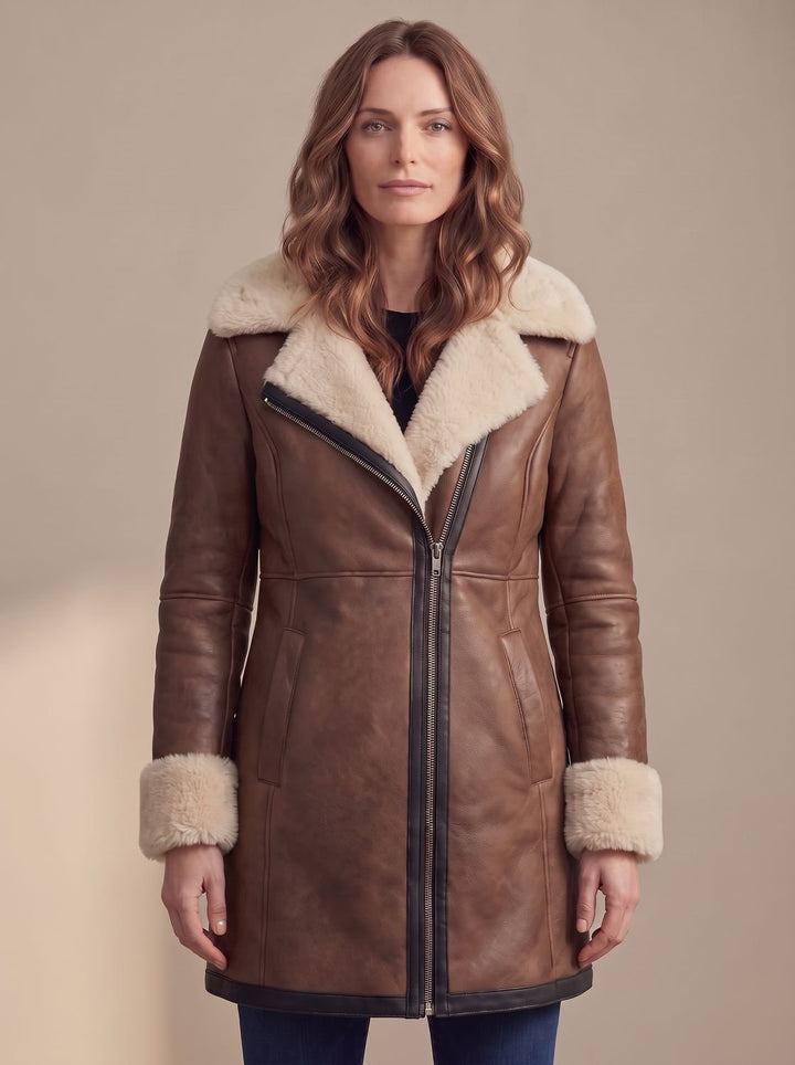 Women's Shearling-Collar Zip-Front Leather Winter Coat, Brown - Brown