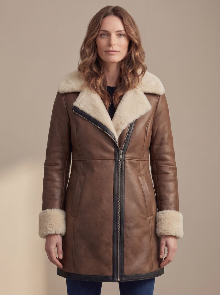 Women's Shearling-Collar Zip-Front Leather Winter Coat, Brown