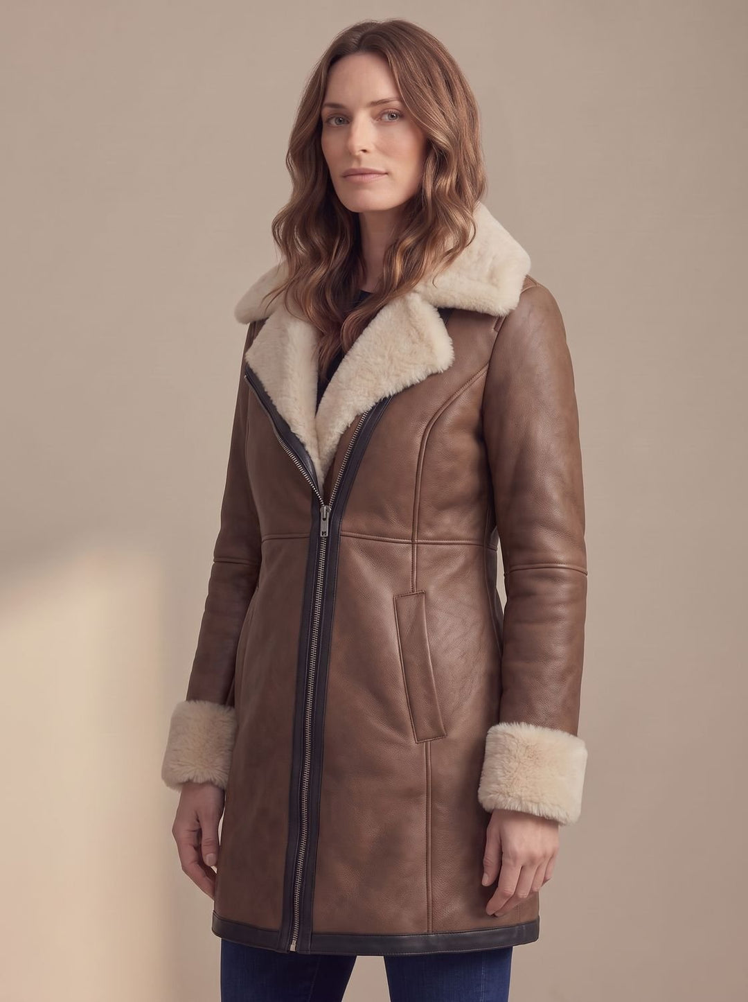 Women's Shearling-Collar Zip-Front Leather Winter Coat, Brown
