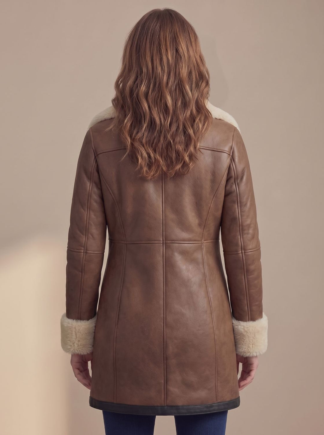 Women's Shearling-Collar Zip-Front Leather Winter Coat, Brown