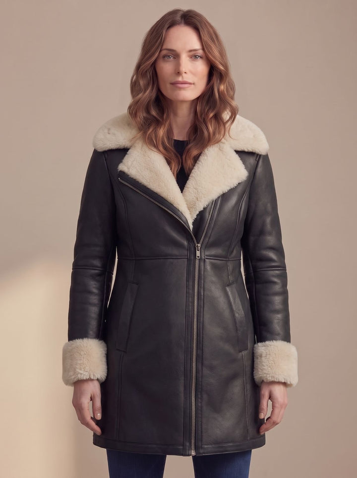 Women's Shearling-Collar Zip-Front Leather Winter Coat, Brown
