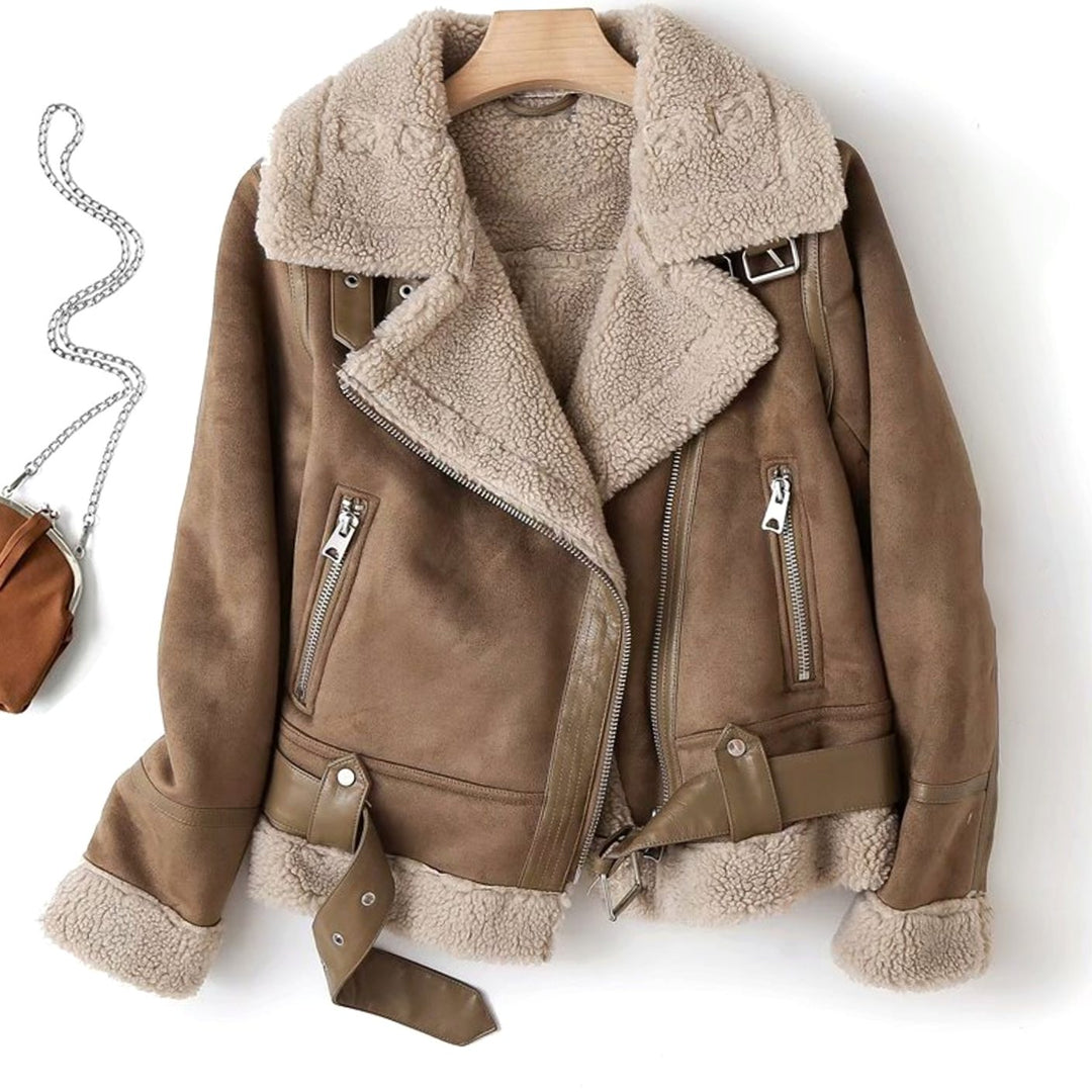 Women's Shearling-Lined Belted Cropped Moto Jacket - Brown