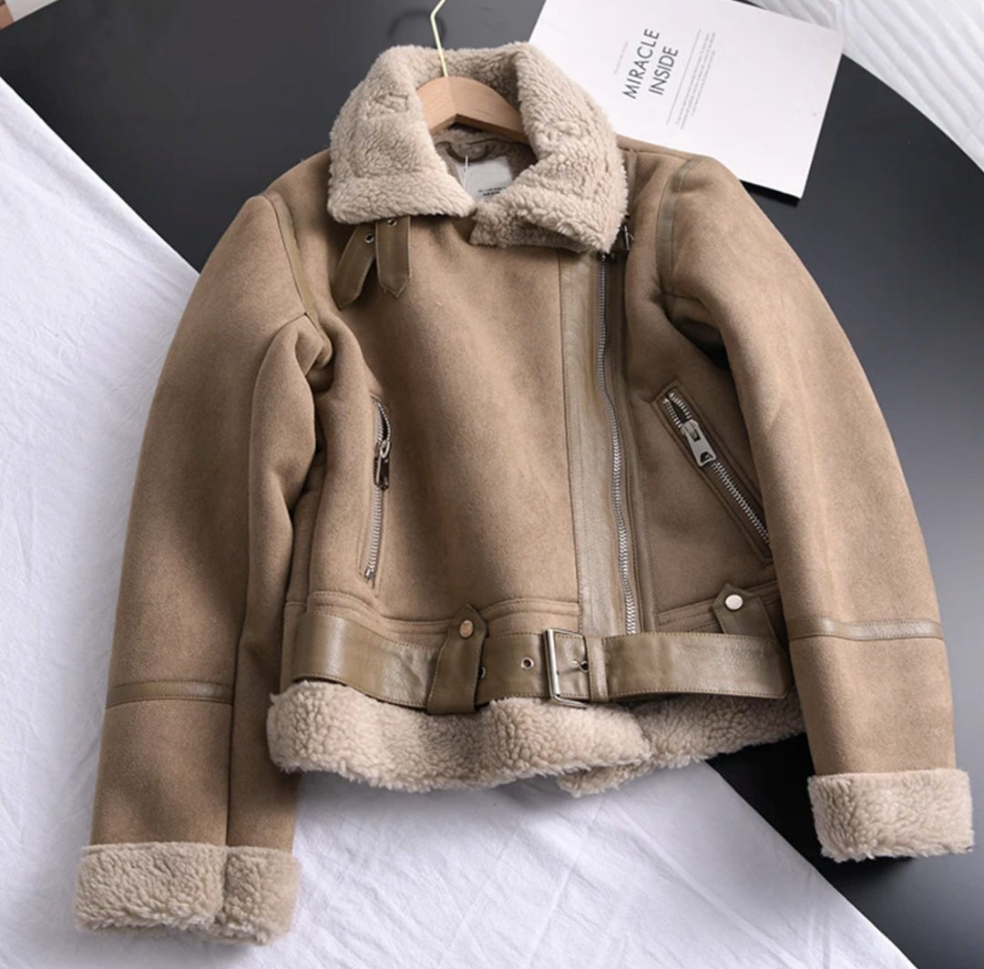 Women's Shearling-Lined Belted Cropped Moto Jacket