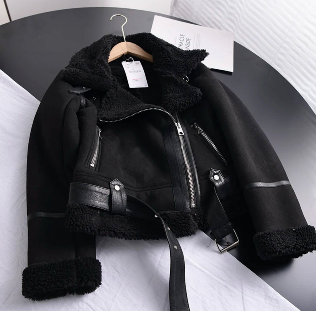 Women's Shearling-Lined Belted Cropped Moto Jacket