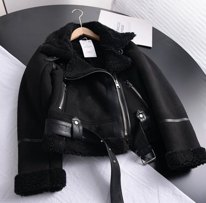Women's Shearling-Lined Belted Cropped Moto Jacket
