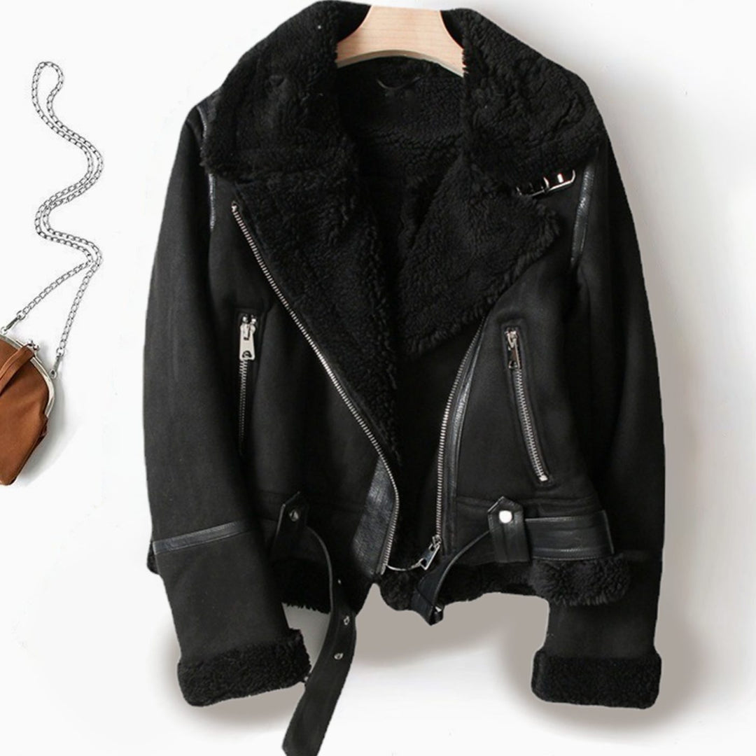 Women's Shearling-Lined Belted Cropped Moto Jacket - Black