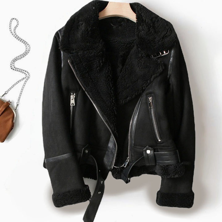 Women's Shearling-Lined Belted Cropped Moto Jacket - Black