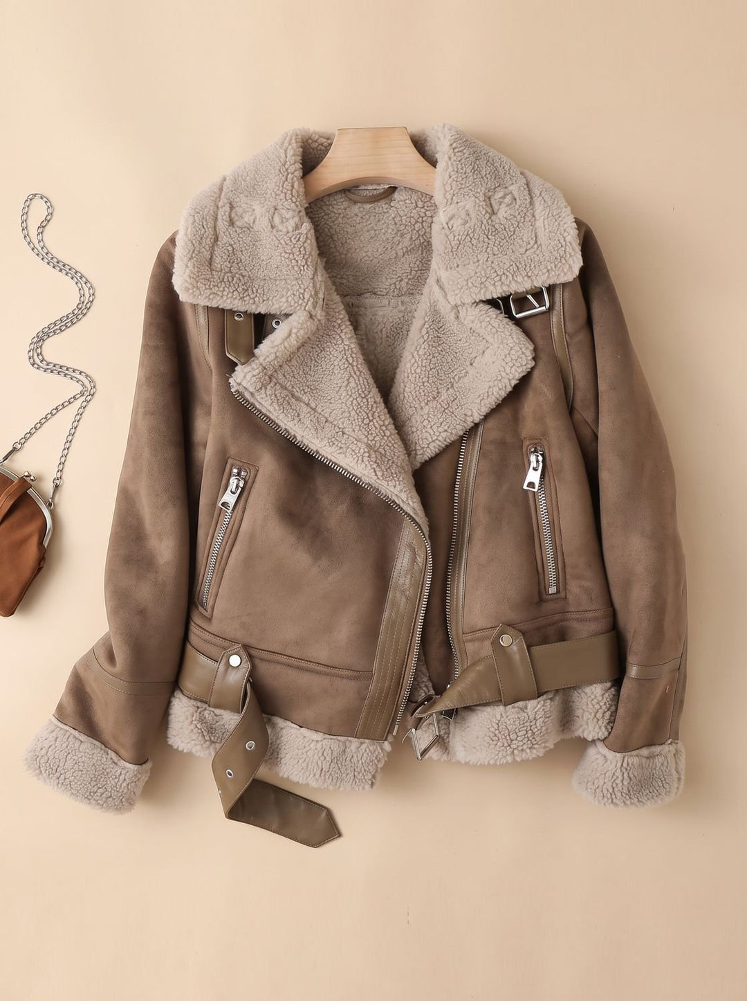 Women's Shearling-Lined Cropped Belted Faux Leather Moto Jacket, Brown - Brown