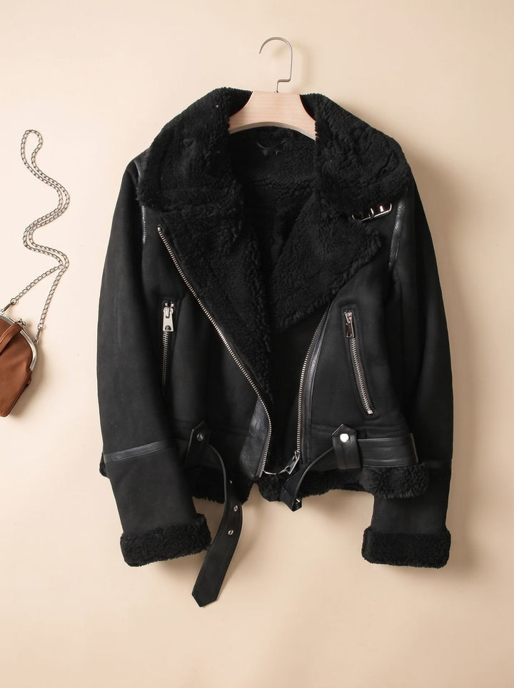 Women's Shearling-Lined Cropped Belted Faux Leather Moto Jacket, Brown - Black