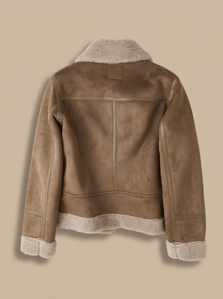 Women's Shearling-Lined Cropped Belted Faux Leather Moto Jacket, Brown