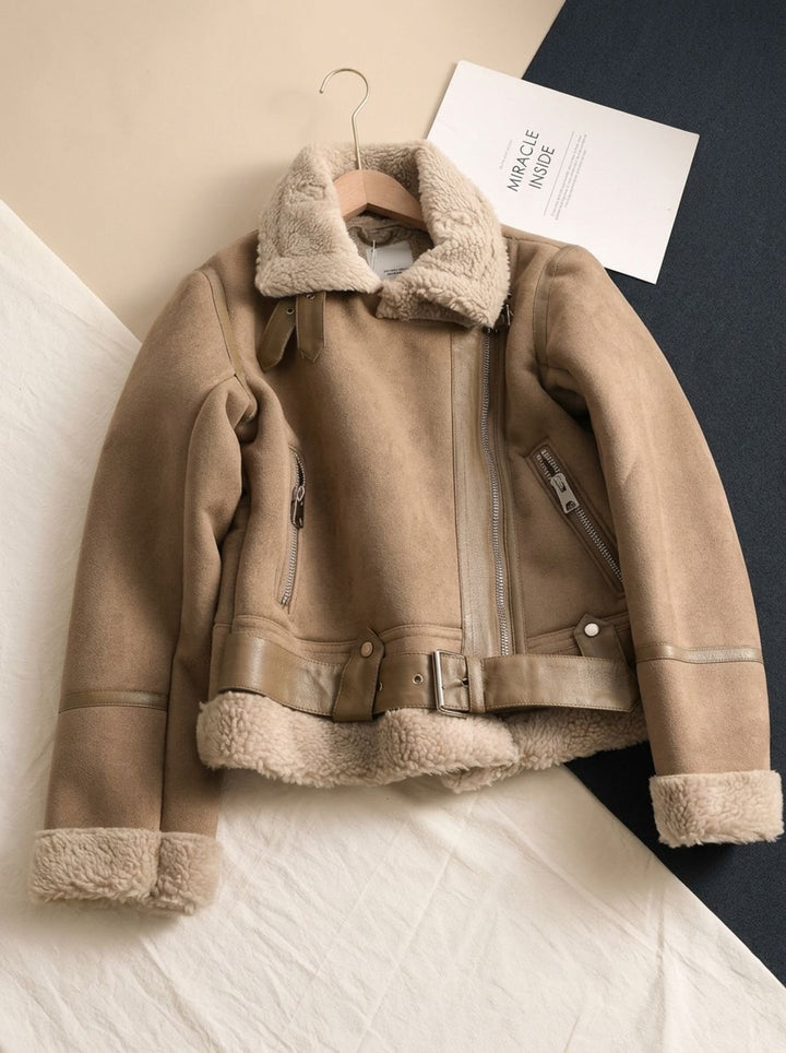 Women's Shearling-Lined Cropped Belted Faux Leather Moto Jacket, Brown
