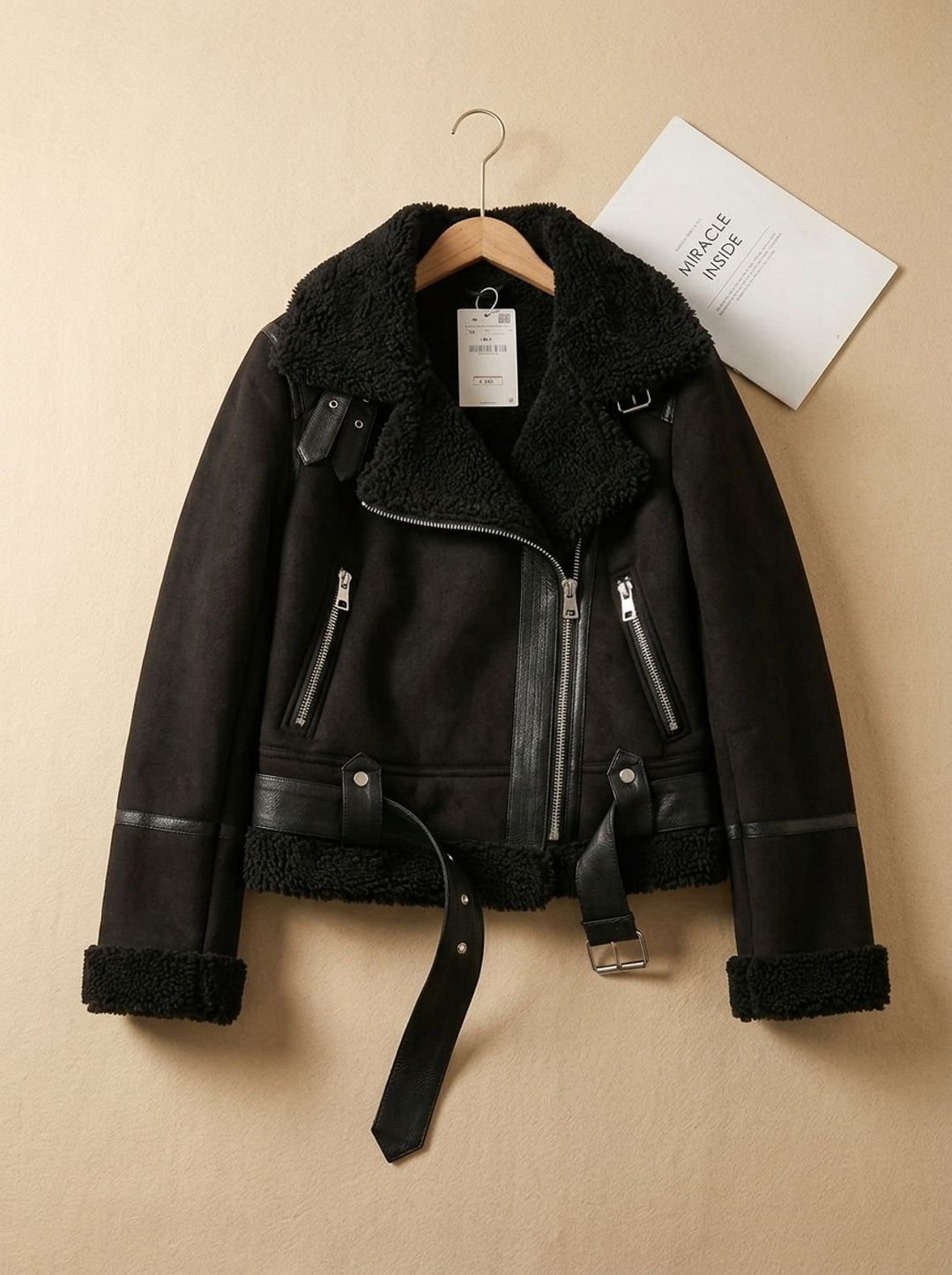 Women's Shearling-Lined Cropped Belted Faux Leather Moto Jacket, Brown